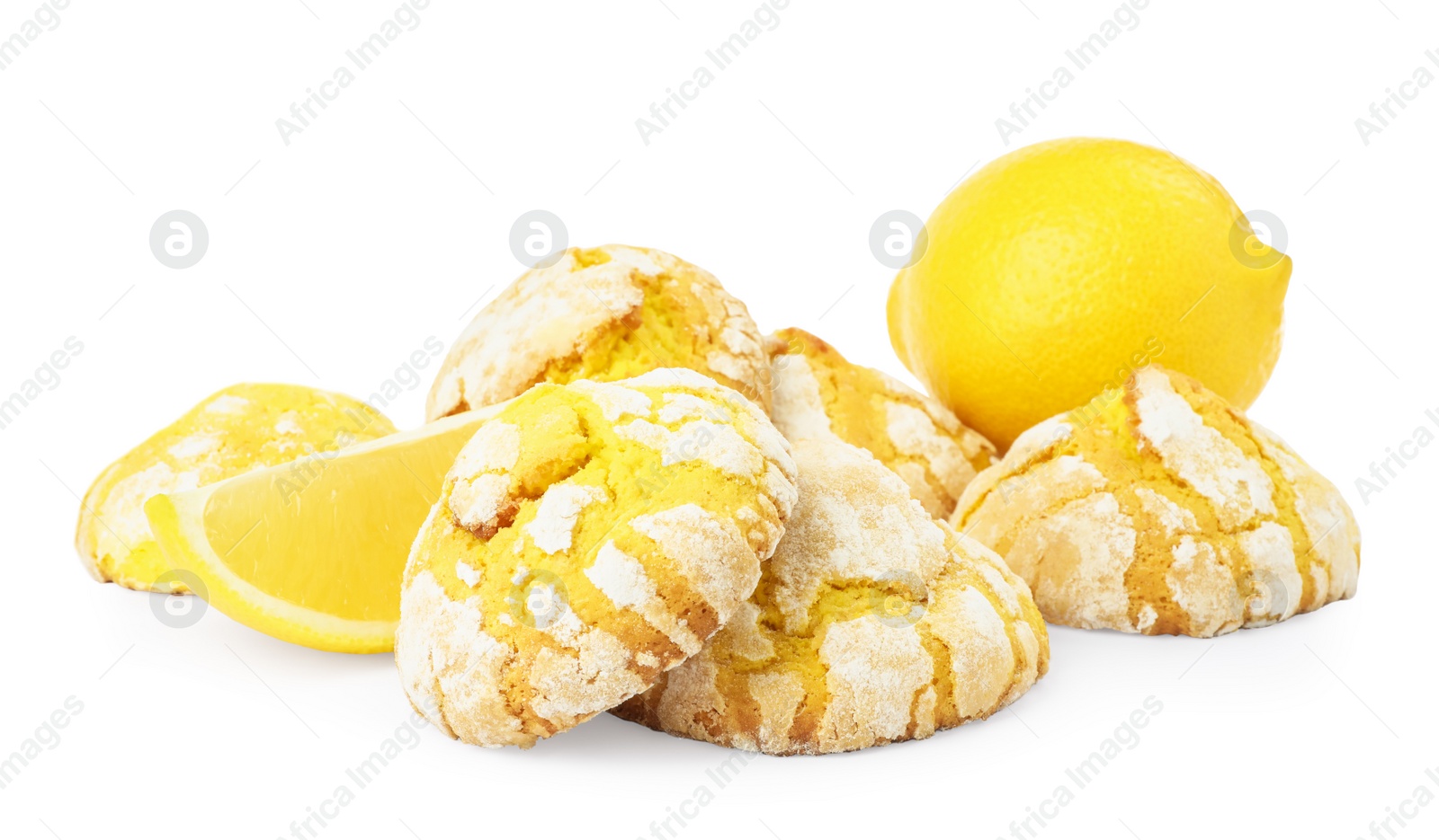 Photo of Tasty homemade lemon cookies and fresh fruits on white background