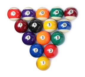 Photo of Set of billiard balls on white background, top view