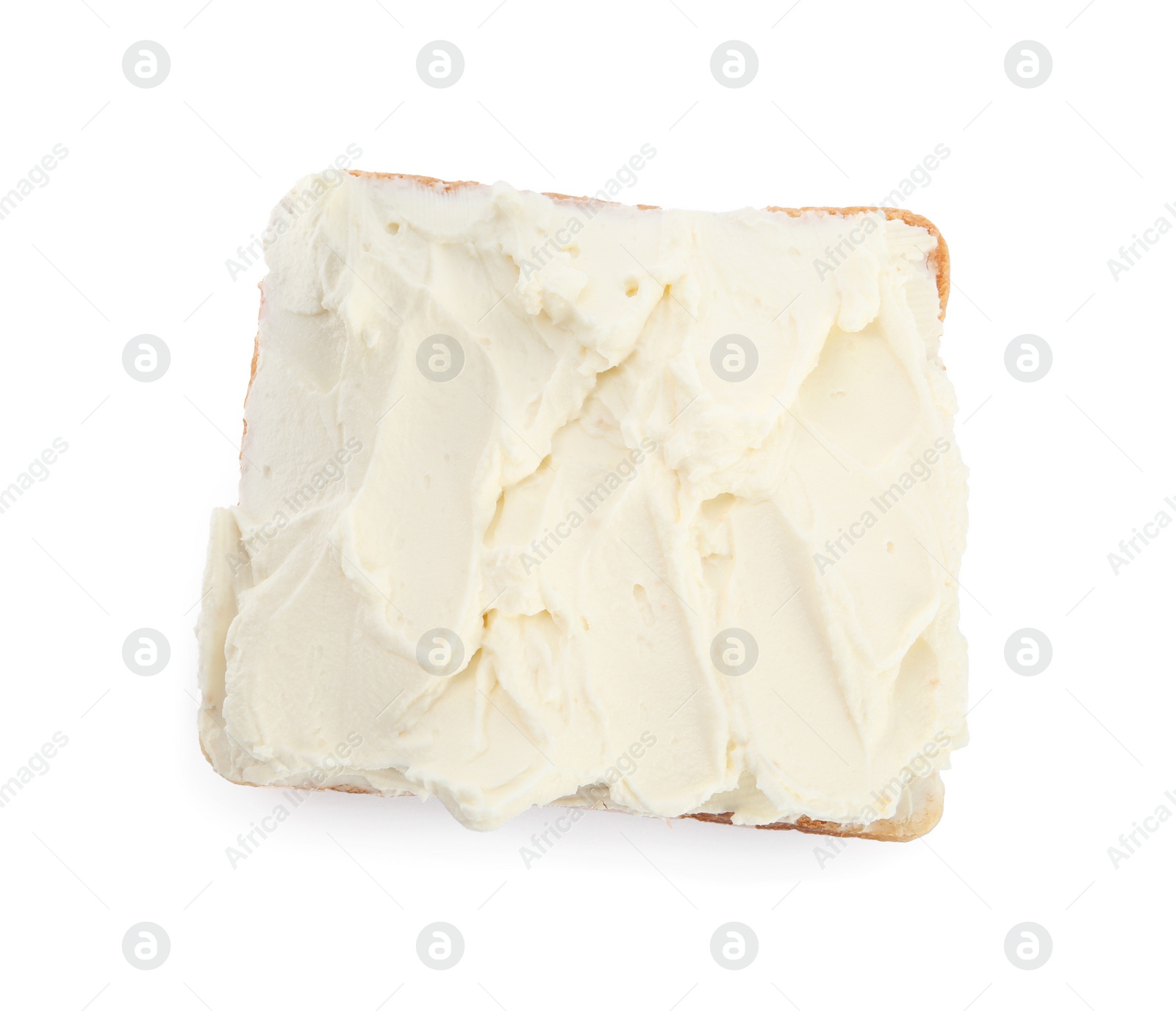 Photo of Toasted bread with cream cheese isolated on white, top view