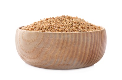 Mustard seeds in wooden bowl isolated on white