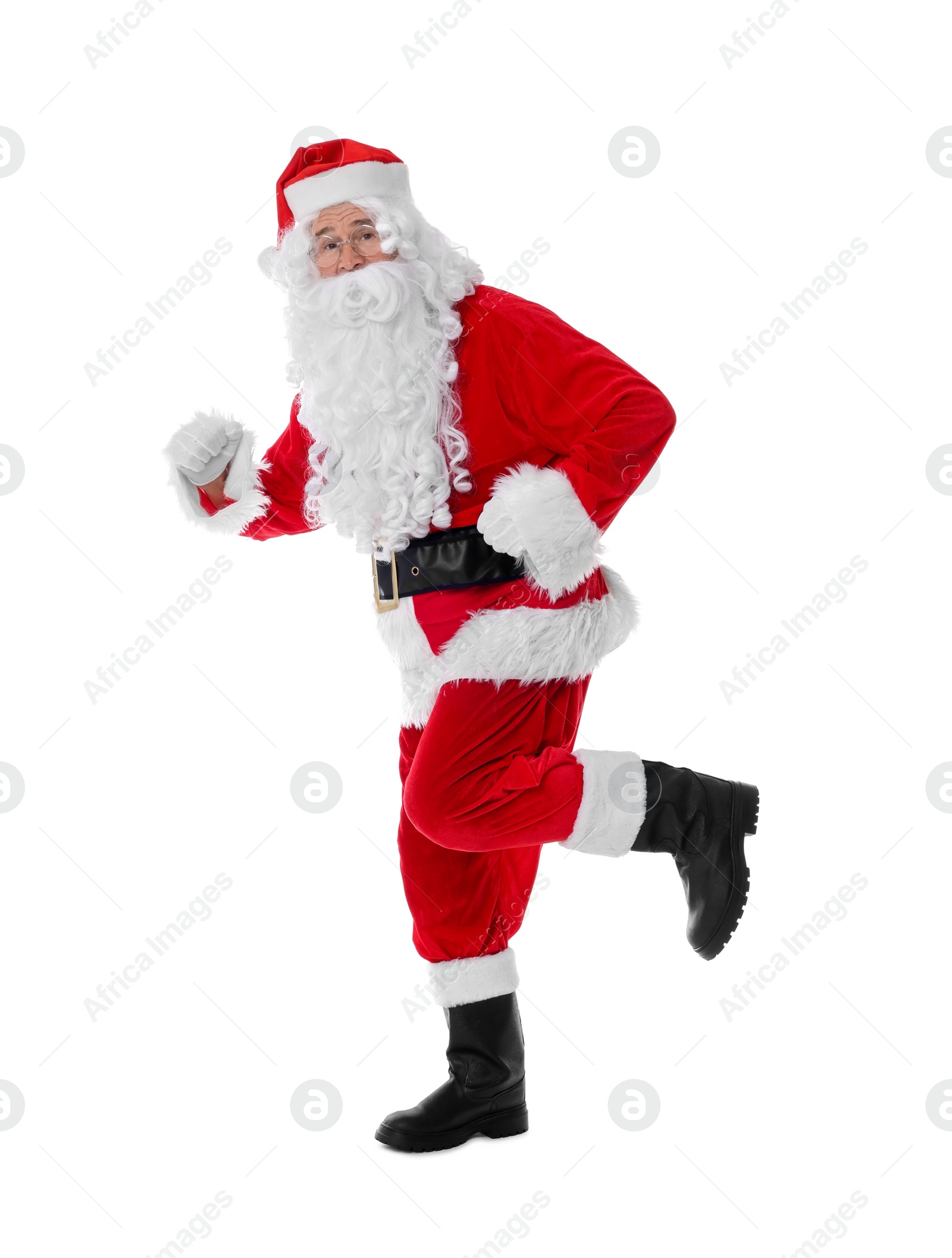 Photo of Man in Santa Claus costume running on white background