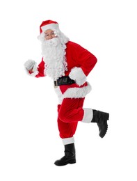 Man in Santa Claus costume running on white background