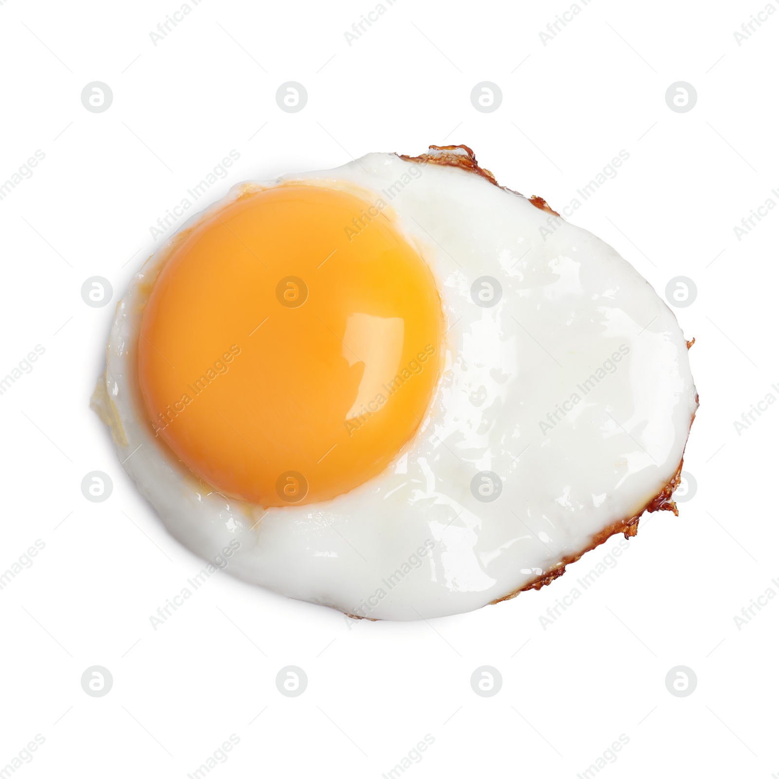 Photo of Delicious fried egg isolated on white, top view