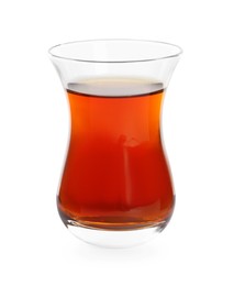 Photo of Glass of traditional Turkish tea isolated on white