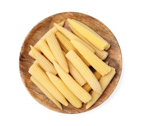 Pickled baby corn isolated on white, top view