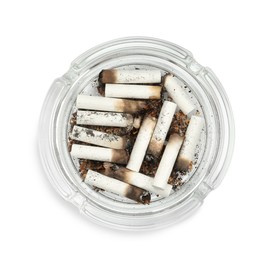 Photo of Glass ashtray full of cigarette stubs isolated on white, top view