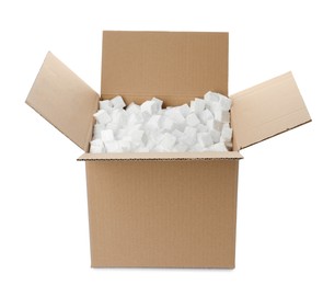 Photo of Cardboard box with styrofoam cubes isolated on white