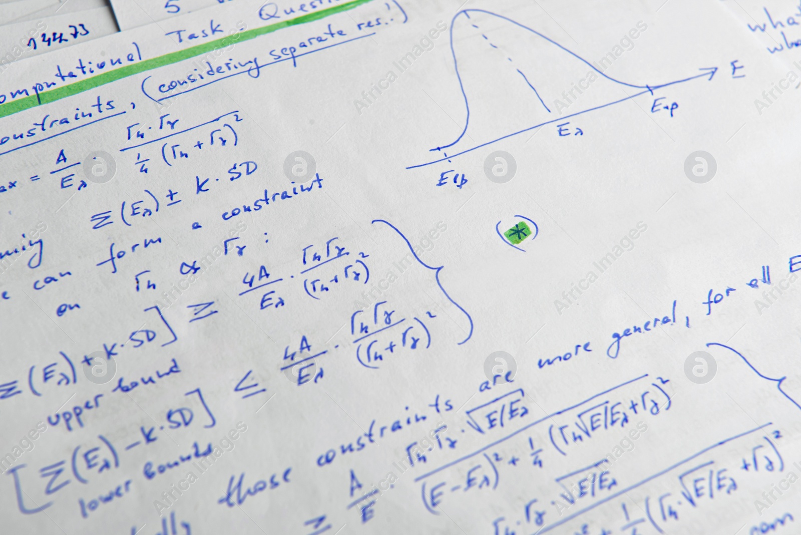 Photo of Paper with written mathematical calculations as background, closeup