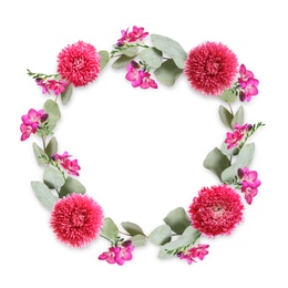 Wreath made of beautiful flowers on white background