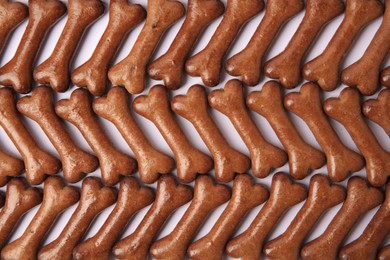 Flat lay composition with many bone shaped dog cookies on white background