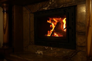 Fireplace with burning wood in darkness at home