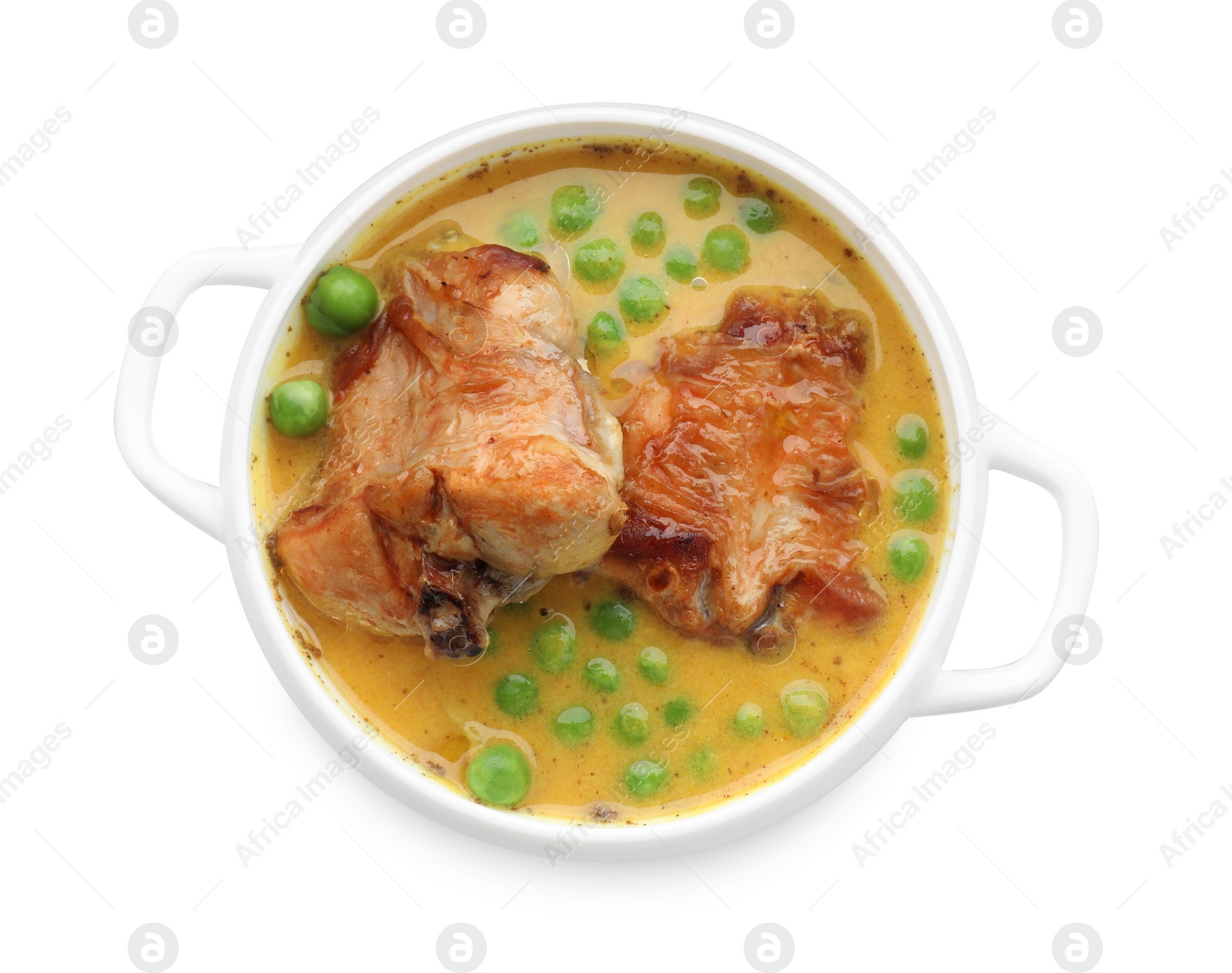 Photo of Tasty cooked rabbit meat with sauce and peas isolated on white, top view