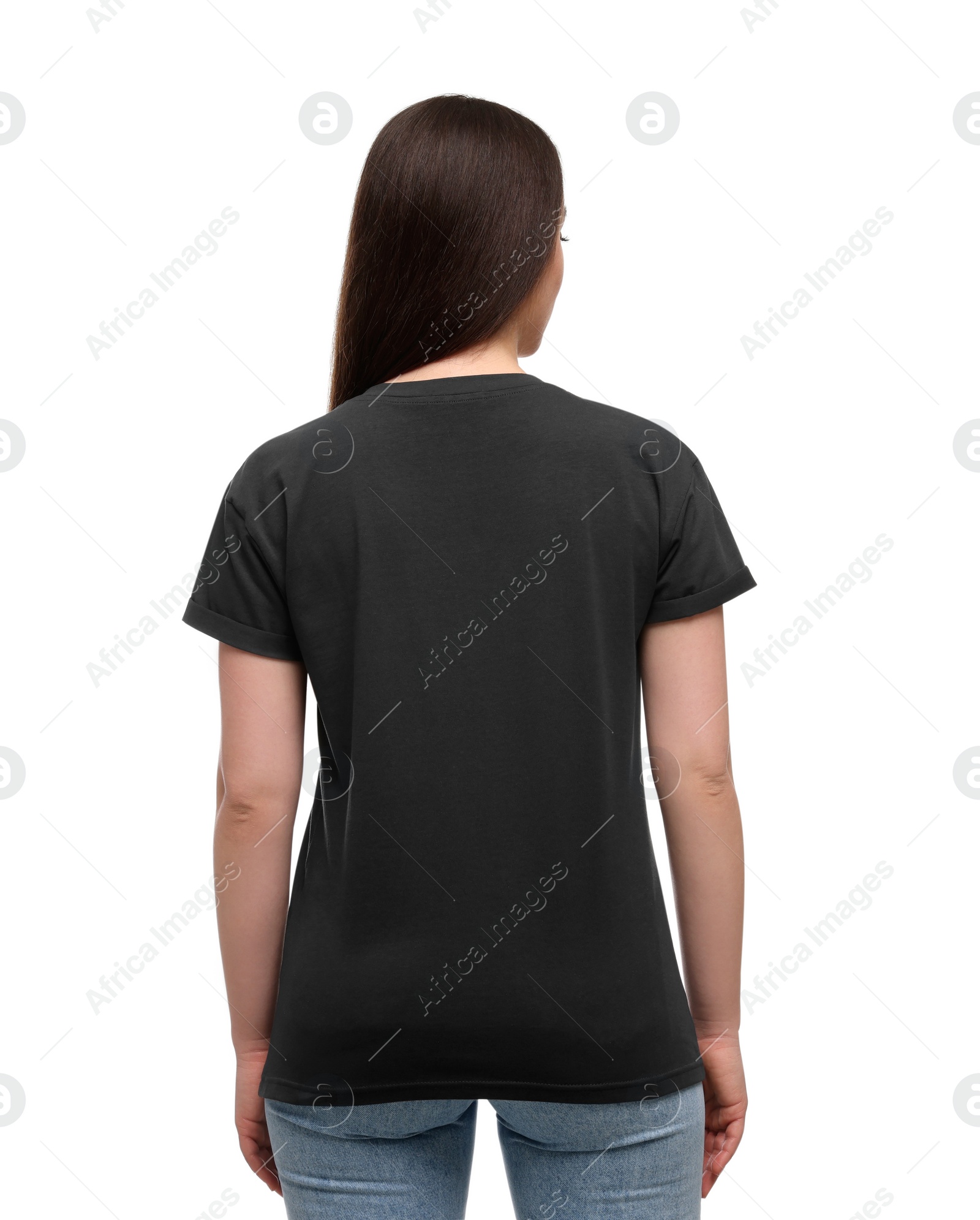 Photo of Woman wearing stylish black T-shirt on white background, back view