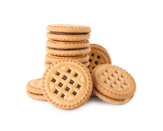 Tasty sandwich cookies with cream isolated on white