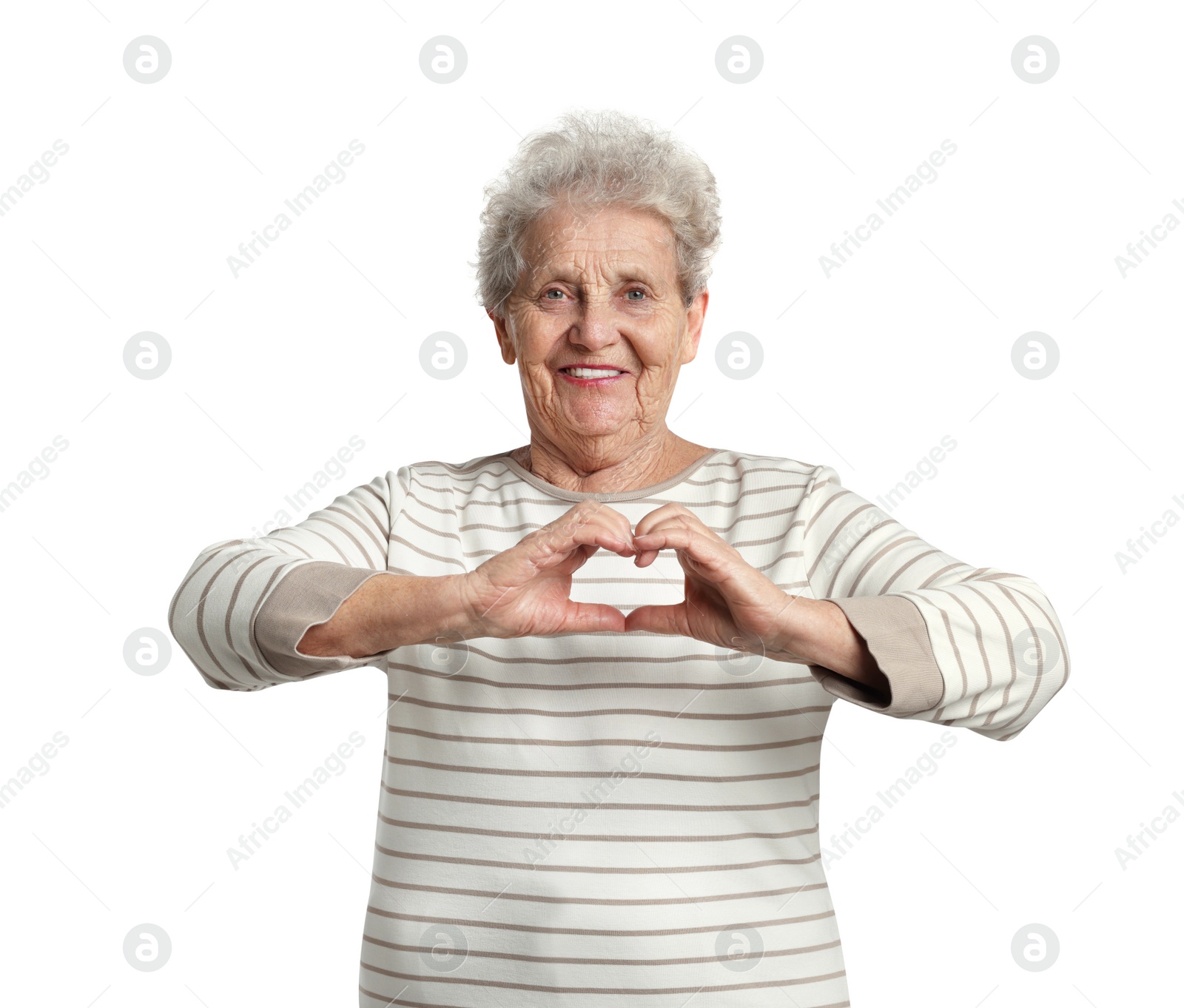 Photo of Elderly woman making heart with her hands on white background