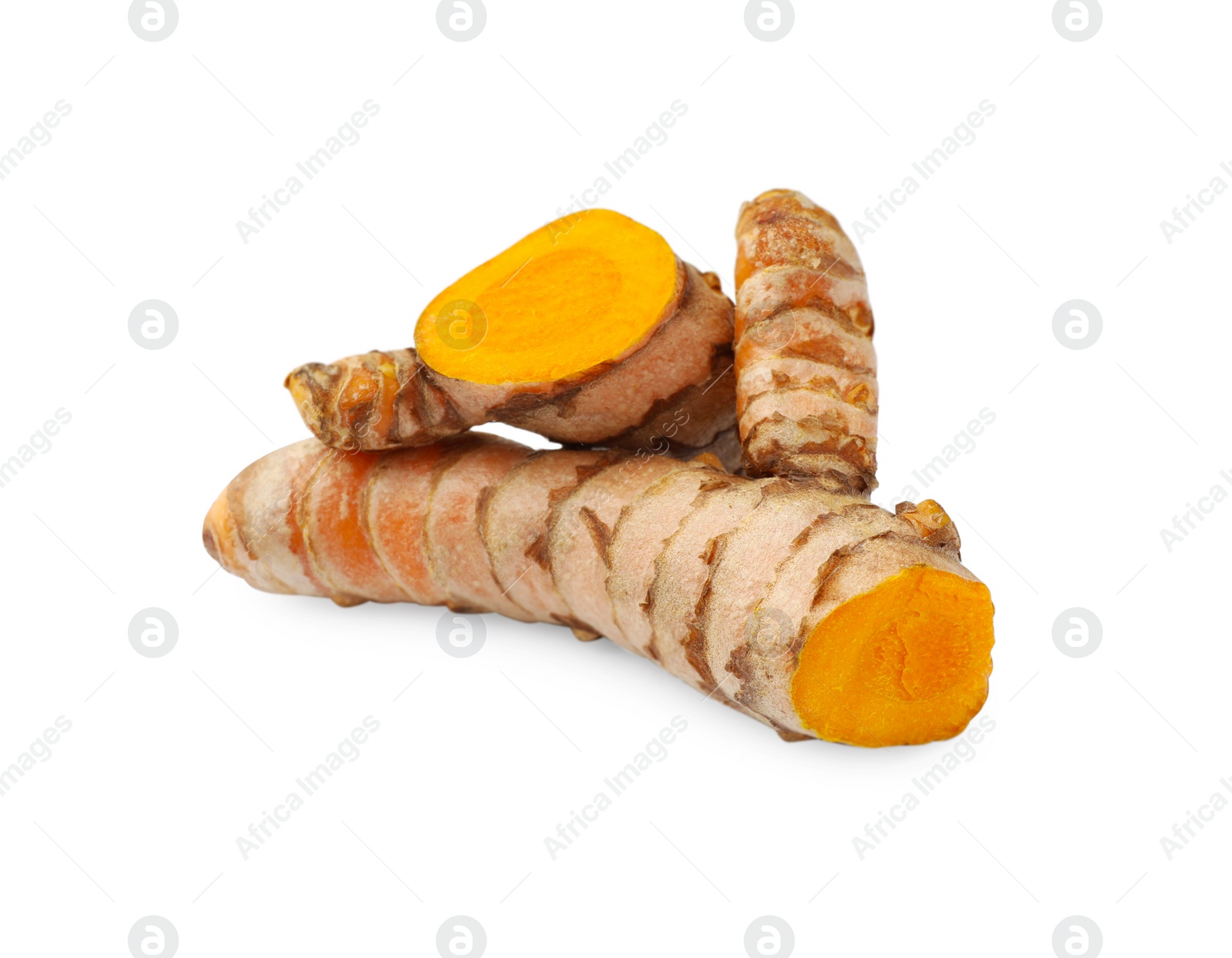 Photo of Fresh cut turmeric roots isolated on white