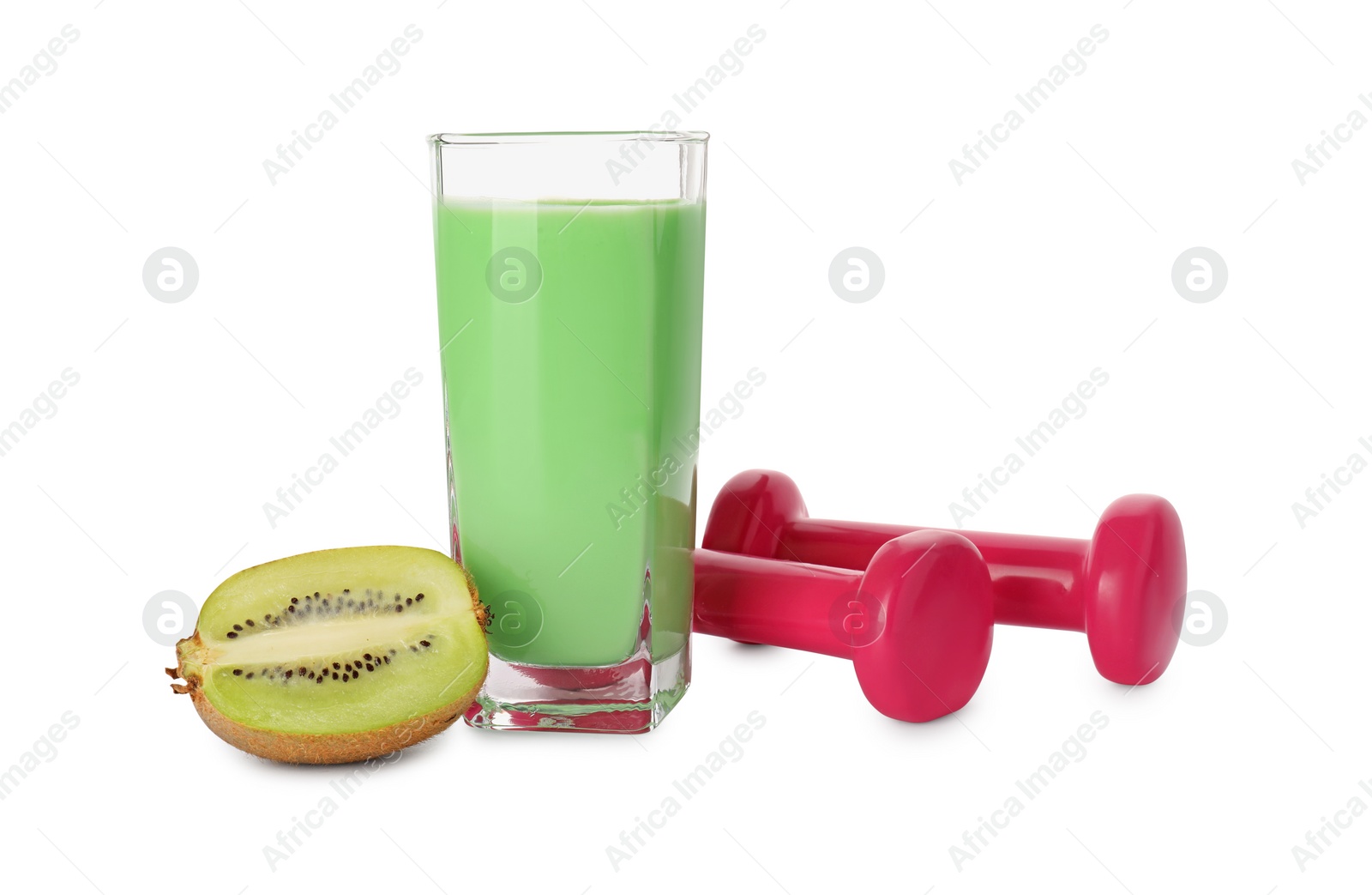 Photo of Tasty kiwi shake, half of fresh fruit and dumbbells isolated on white. Weight loss