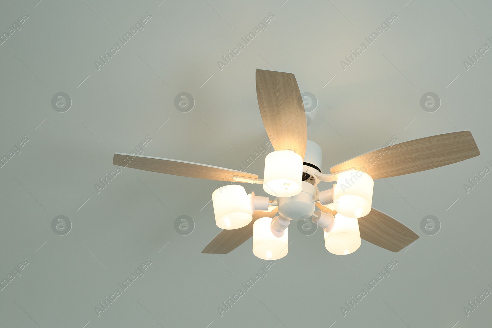 Photo of Ceiling fan with lamps indoors, low angle view