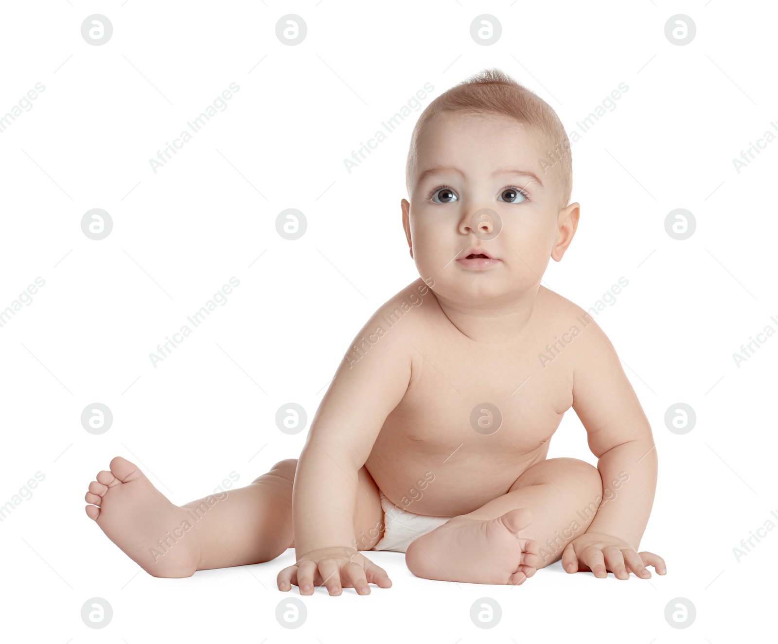 Photo of Cute little baby in diaper on white background