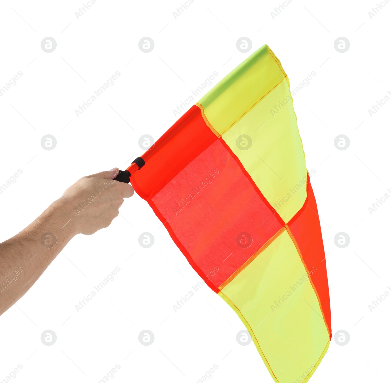 Photo of Referee holding linesman flag on white background, closeup