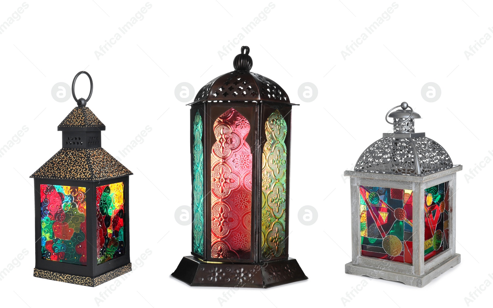 Image of Set with different traditional Arabic lanterns on white background