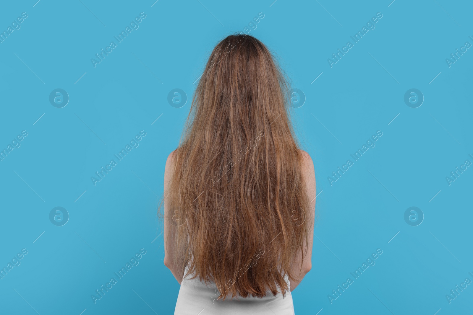 Photo of Woman with damaged hair on light blue background, back view