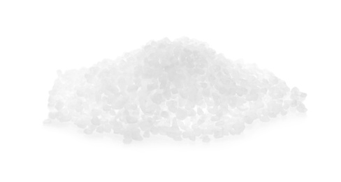 Photo of Pile of natural salt on white background