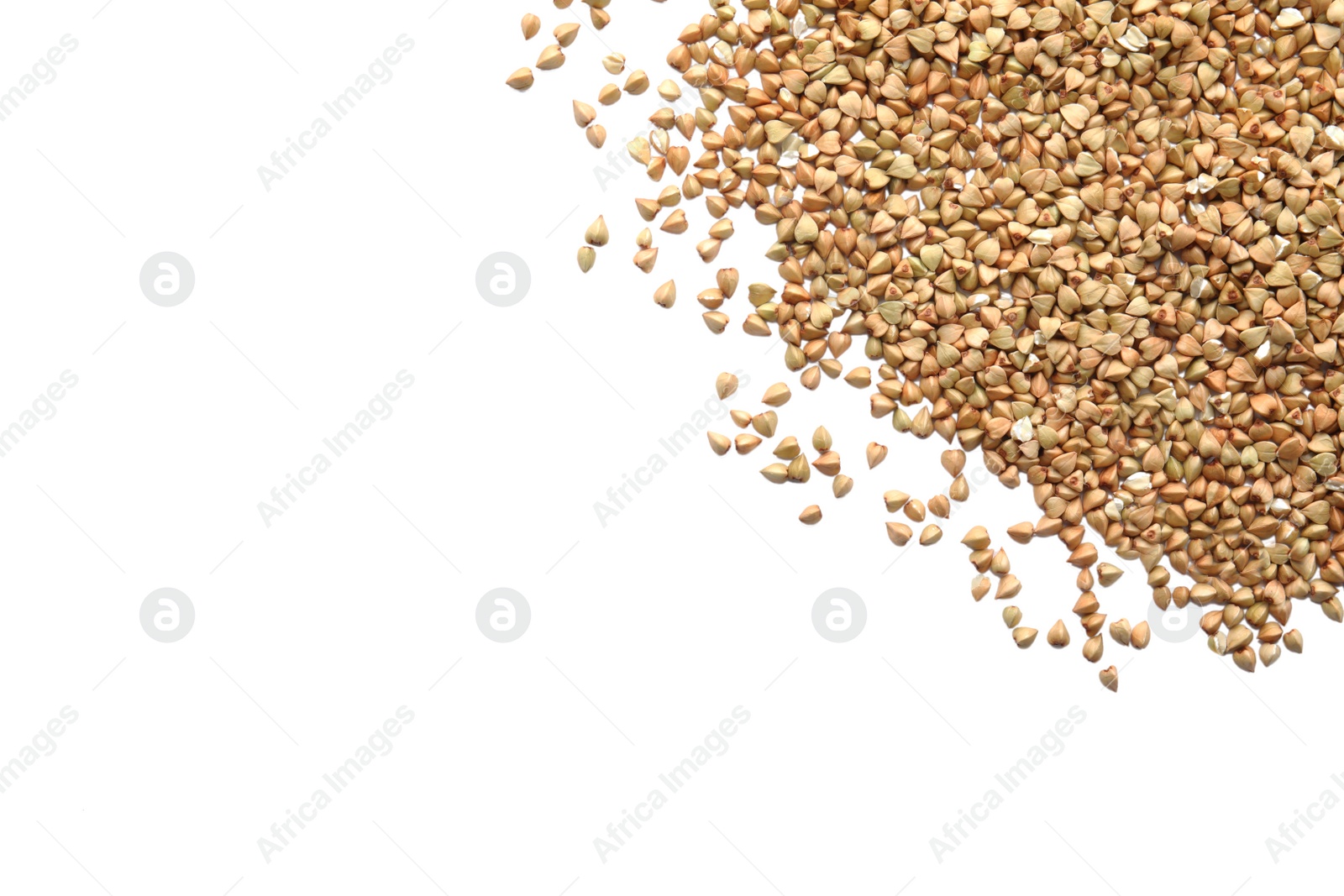 Photo of Green buckwheat on white background, top view