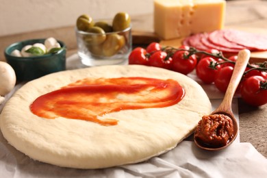 Photo of Pizza dough and products on table, closeup