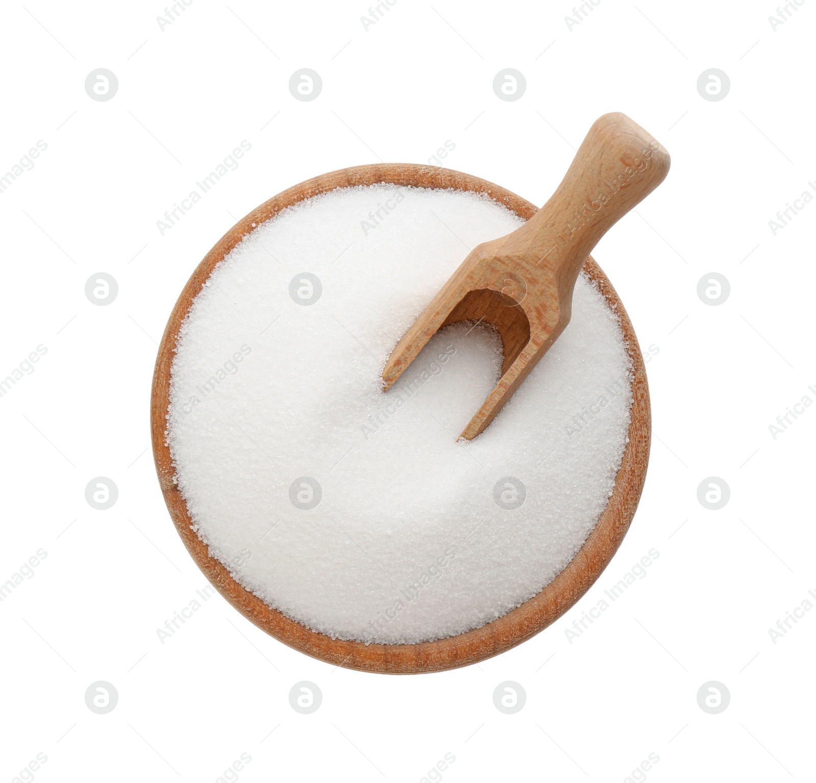 Photo of Wooden bowl with natural salt and scoop isolated on white, top view