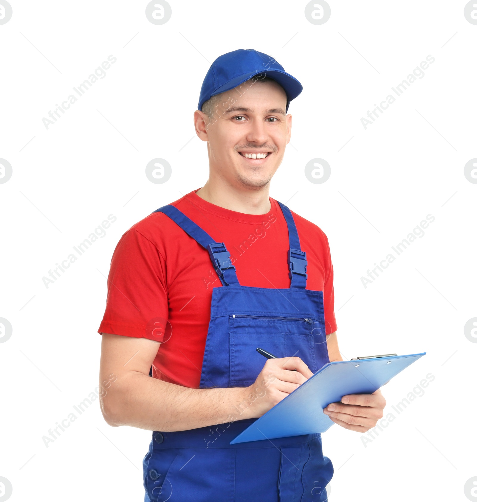 Photo of Young plumber with clipboard on white background