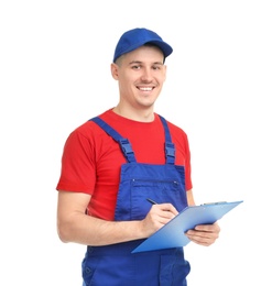 Photo of Young plumber with clipboard on white background