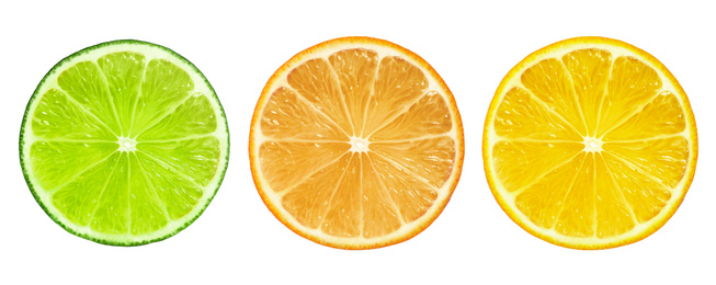 Image of Set of different citrus slices on white background, top view