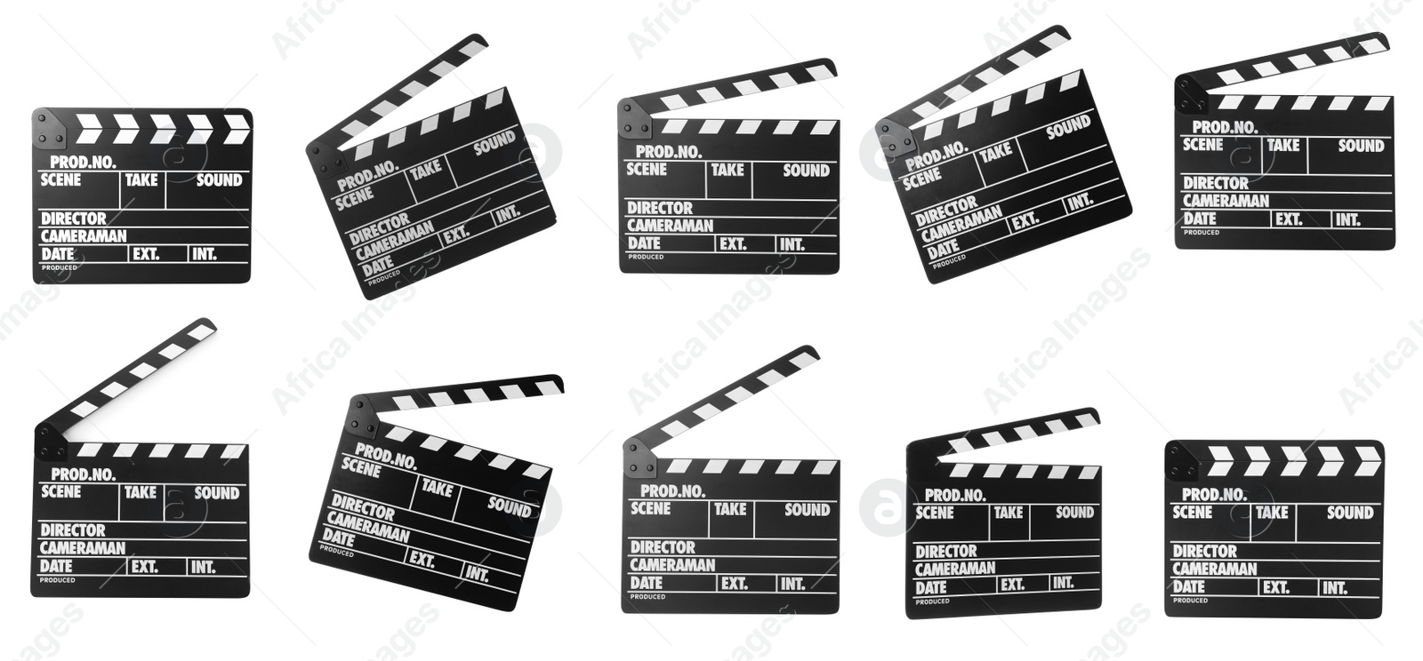 Image of Set of clapper boards on white background, banner design. Cinema production