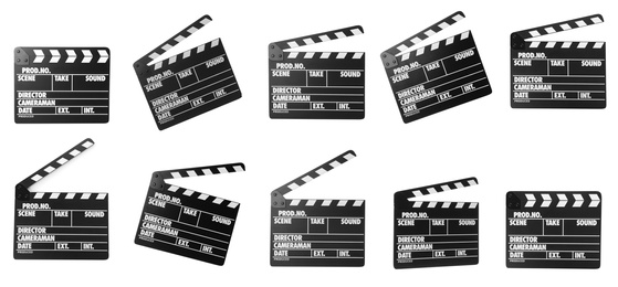 Image of Set of clapper boards on white background, banner design. Cinema production