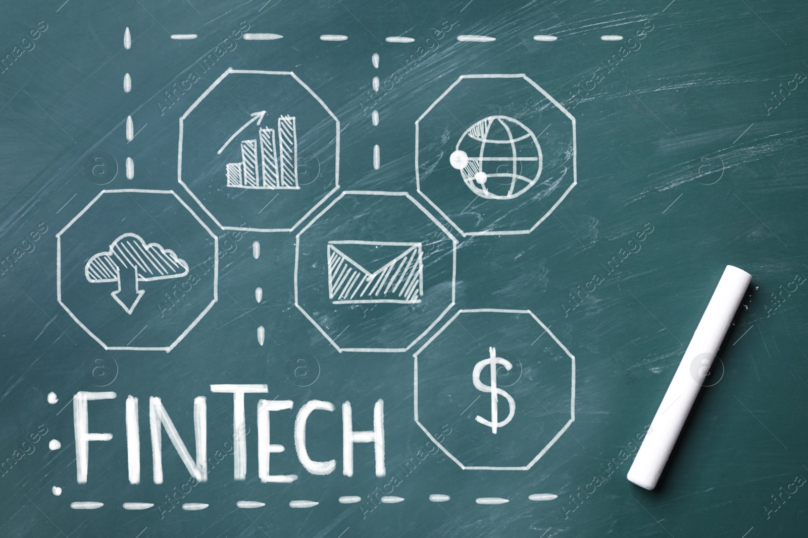 Image of Fintech concept. Scheme with drawings and chalk on greenboard, top view