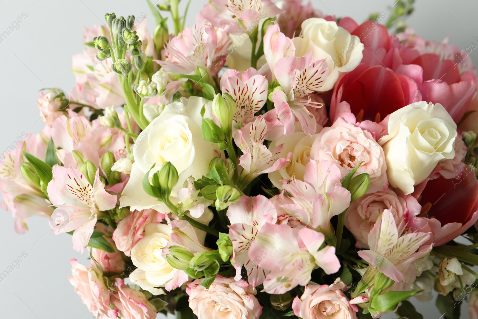 Photo of Beautiful bouquet of fresh flowers on light background, closeup