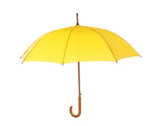 Photo of Modern opened yellow umbrella isolated on white