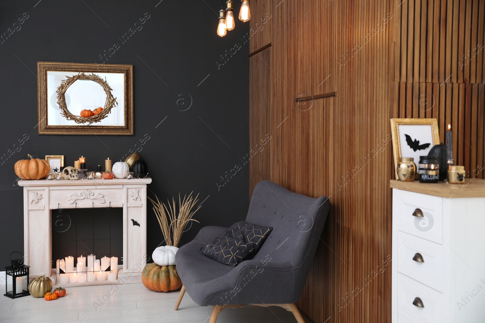 Photo of Modern room decorated for Halloween. Idea for festive interior