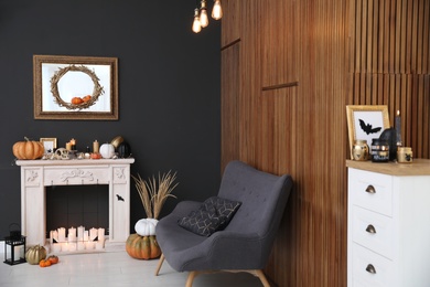 Modern room decorated for Halloween. Idea for festive interior