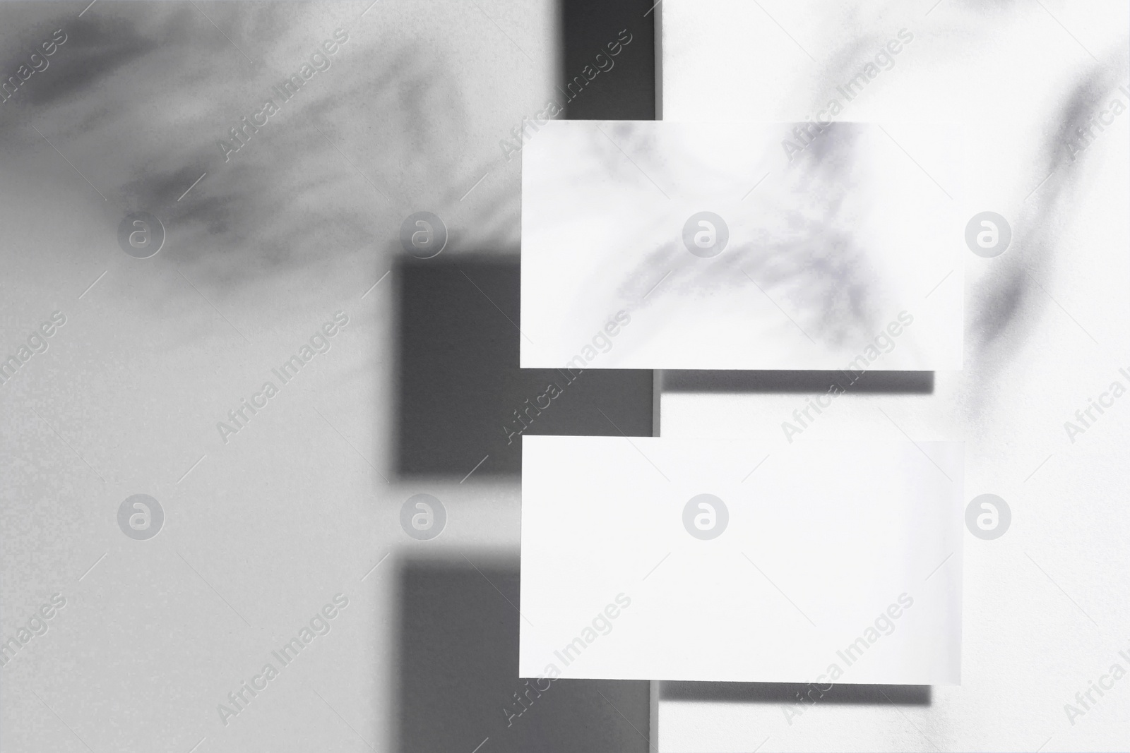 Photo of Empty business cards on white background, top view. Mockup for design