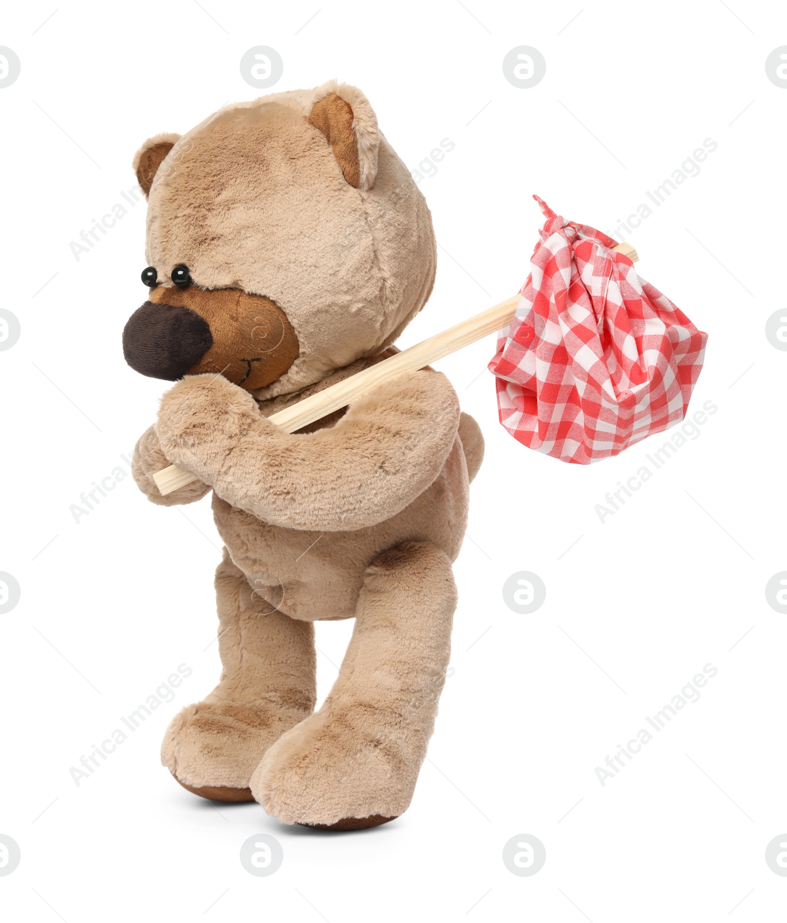 Photo of Cute teddy bear with bindle isolated on white