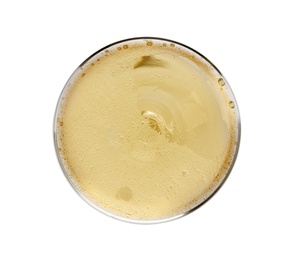 Photo of Glass of champagne on white background, top view. Festive drink