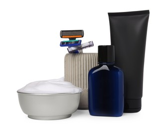 Set of men's shaving accessories on white background