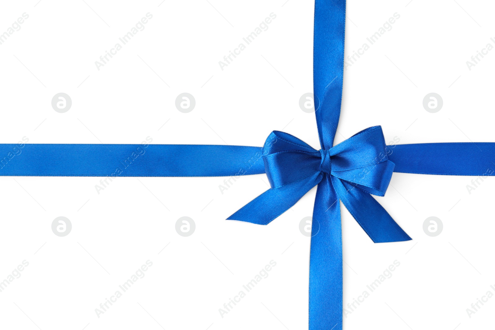 Photo of Blue satin ribbon with bow on white background, top view