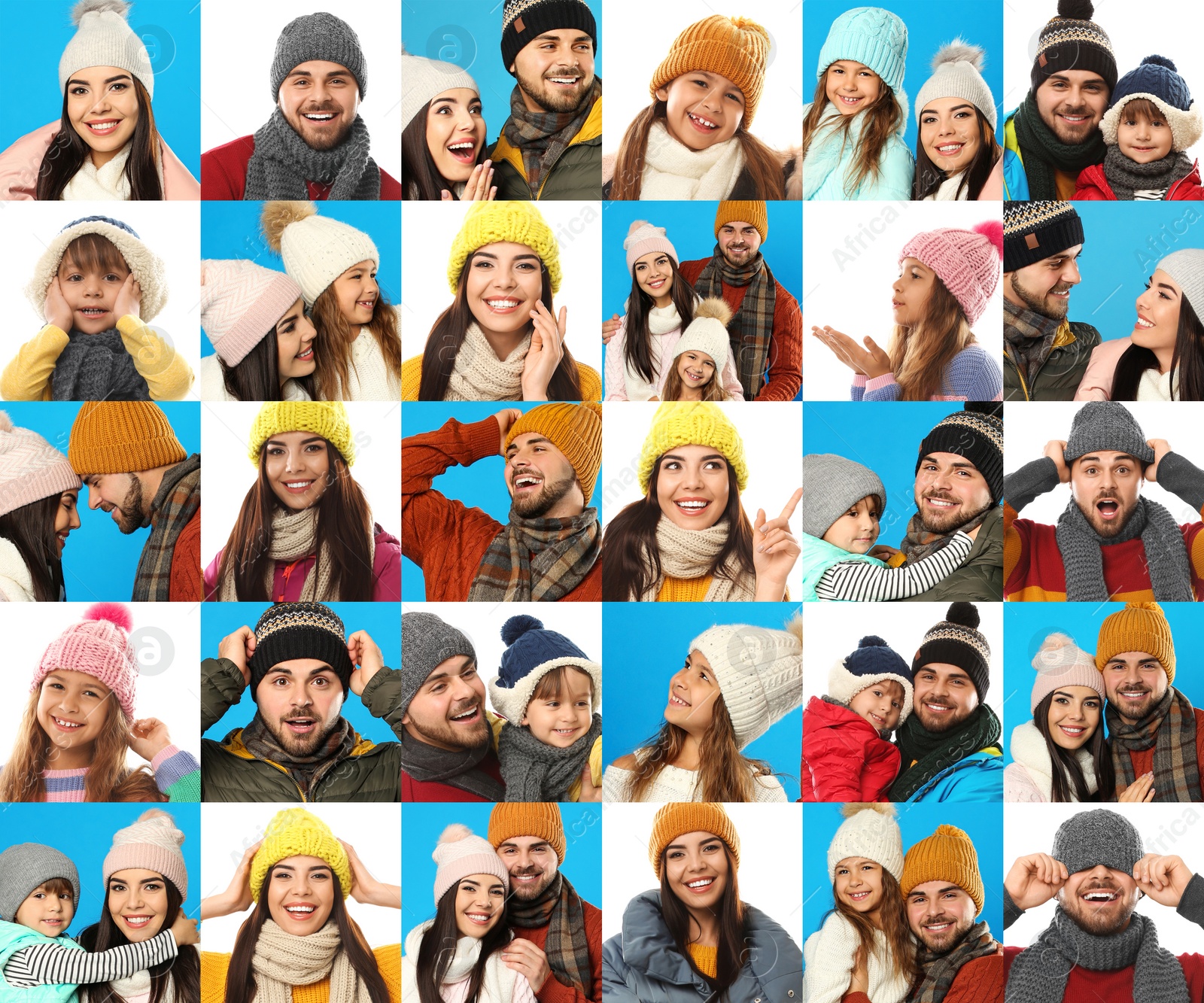 Image of Collage with photos of people wearing warm clothes on different backgrounds. Winter vacation