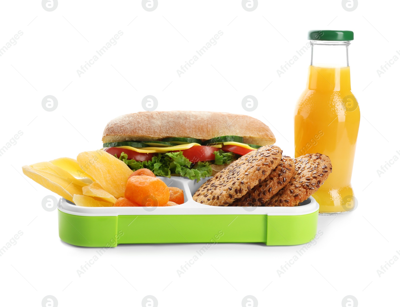 Photo of Lunch box with appetizing food and bottle of juice on white background