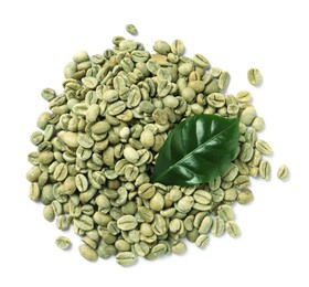 Photo of Pile of green coffee beans and leaf on white background, top view