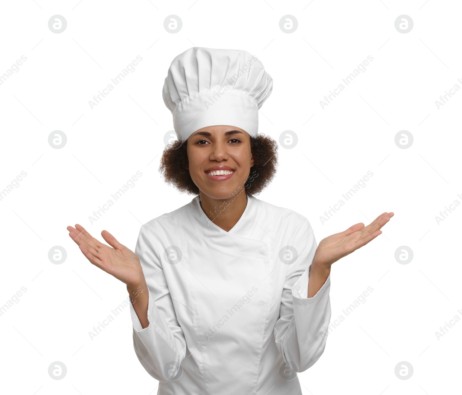Photo of Portrait of happy female chef in uniform on white background