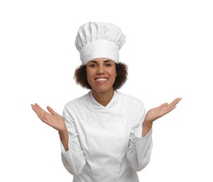 Photo of Portrait of happy female chef in uniform on white background